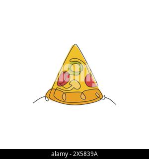 Single continuous line drawing Italian pizza logo label. Emblem fast food pizzeria restaurant concept. Modern one line draw design vector graphic illu Stock Vector