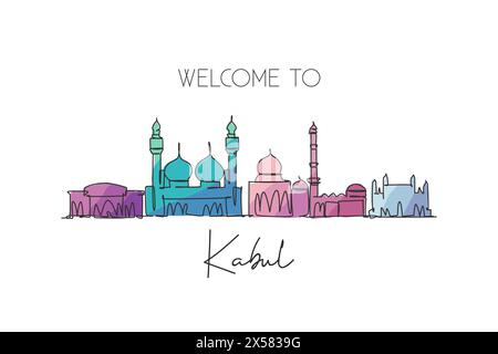 Single continuous line drawing of Kabul city skyline, Afghanistan. Famous city scraper landscape home decor wall art poster print. World travel concep Stock Vector