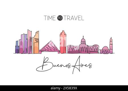 One continuous line drawing of Buenos Aires city skyline Argentina. Beautiful landmark. World landscape tourism and travel vacation. Editable stylish Stock Vector