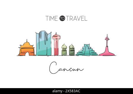 Single continuous line drawing of Cancun skyline, Mexico. Famous city scraper landscape. World travel destination home wall decor poster print concept Stock Vector