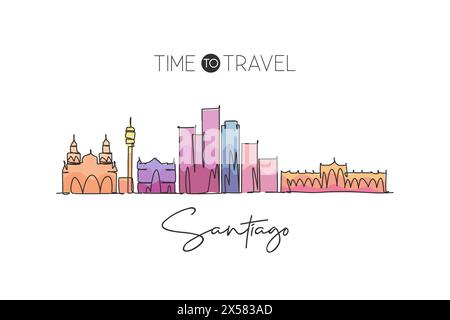 One continuous line drawing Santiago city skyline, Chile. Beautiful landmark. World landscape tourism and travel vacation postcard. Editable stylish s Stock Vector