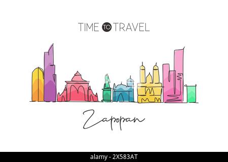 One single line drawing Zapopan city skyline Mexico. World historical town landscape. Best place holiday destination home decor poster print art. Tren Stock Vector