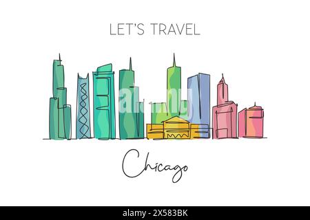 One single line drawing of Chicago city skyline, United States. Historical town landscape in the world. Best holiday destination. Editable stroke tren Stock Vector
