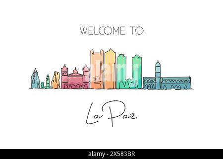 Single continuous line drawing of La Paz city skyline, Bolivia. Famous city scraper and landscape. World travel destination concept. Editable stroke m Stock Vector