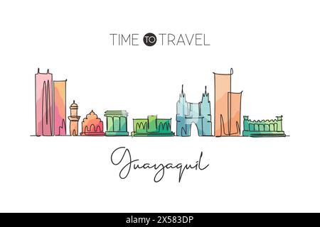 Single continuous line drawing Guayaquil city skyline Ecuador. Famous city scraper landscape postcard. World travel destination concept. Editable stro Stock Vector