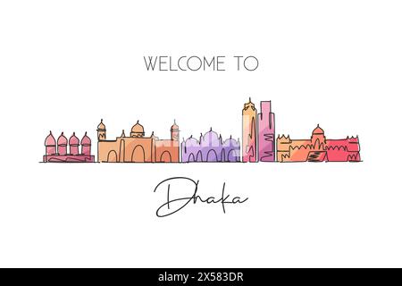 One continuous line drawing Dhaka city skyline Bangladesh. Beautiful landmark postcard. World landscape tourism and travel vacation. Editable stylish Stock Vector