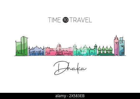 Single continuous line drawing Dhaka skyline, Bangladesh. Famous city scraper landscape home wall decor poster print. World travel destination concept Stock Vector