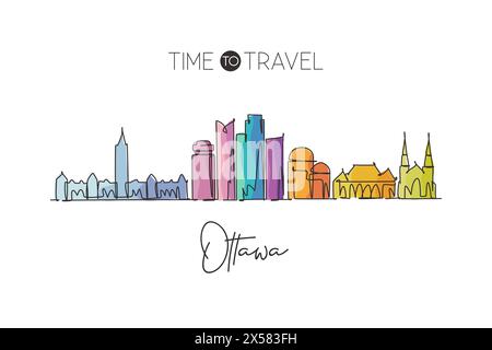 One single line drawing Ottawa city skyline Canada. World historical town landscape home decor wall poster print. Best place holiday destination. Tren Stock Vector