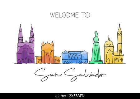 One continuous line drawing San Salvador city skyline, El Salvador. Beautiful landmark postcard. World landscape tourism travel vacation. Editable str Stock Vector