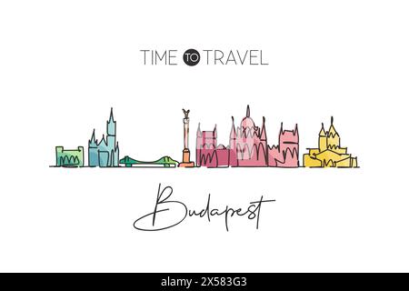 Single continuous line drawing Budapest skyline, Hungary. Famous city scraper landscape home wall decor poster print. World travel destination concept Stock Vector