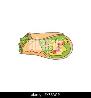 One single line drawing of fresh hot spicy Mexican burritos logo vector illustration. Traditional food cafe menu and restaurant badge concept. Modern Stock Vector