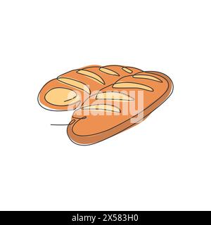 One continuous line drawing of fresh delicious online French long thin bread shop logo emblem. Home made baguettes store logotype template concept. Mo Stock Vector