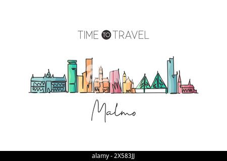 Single continuous line drawing of Malmo skyline, Sweden. Famous city scraper landscape. World travel destination home decor wall poster print concept. Stock Vector