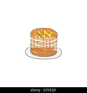 One continuous line drawing of fresh delicious American pancake piled restaurant logo emblem. Breakfast food cafe shop logotype template concept. Mode Stock Vector