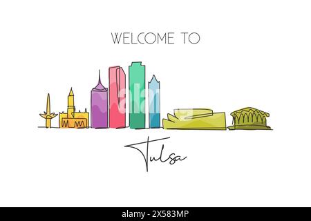 Single continuous line drawing Tulsa city skyline, Oklahoma. Famous city scraper and landscape. World travel concept home wall decor art poster print. Stock Vector