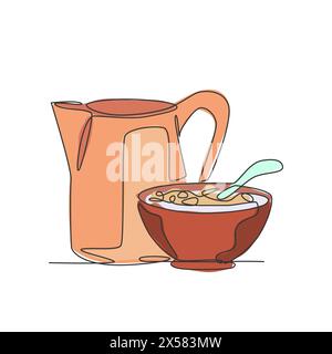 One single line drawing of bowl of cereal breakfast and pitcher of milk vector graphic illustration. Healthy daily food badge concept. Modern continuo Stock Vector
