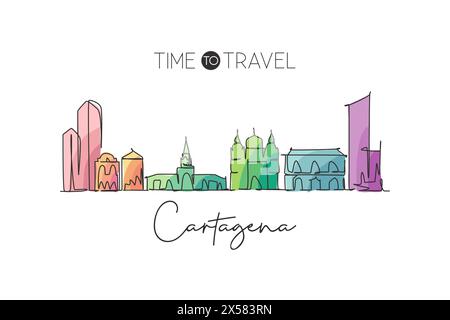 One single line drawing Cartagena city skyline, Colombia. World town landscape home wall decor poster print art. Best place holiday destination. Trend Stock Vector