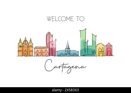 Single continuous line drawing of Cartagena skyline, Colombia. Famous city scraper landscape postcard. World travel destination concept. Editable stro Stock Vector