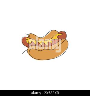 Single continuous line drawing of American hot dog logo label. Emblem fast food hotdog restaurant concept. Modern one line draw design vector illustra Stock Vector