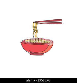 Single continuous line drawing of stylized spicy noodles store logo label. Emblem ramen fast food restaurant concept. Modern one line draw design vect Stock Vector