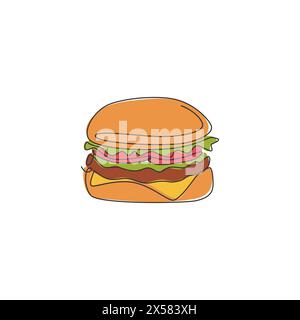 One single line drawing of fresh logo American burger vector illustration. Fast food beefburger cafe menu and restaurant badge concept. Modern continu Stock Vector