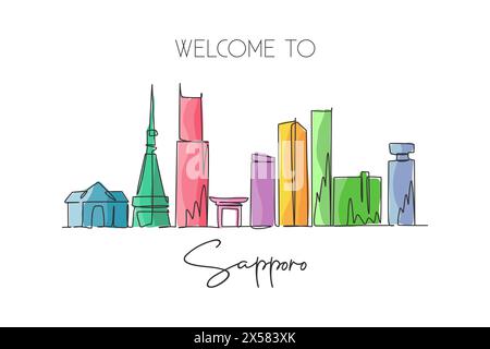 Single continuous line drawing of Sapporo city skyline, Japan. Famous city scraper and landscape. World travel concept home art wall decor poster prin Stock Vector