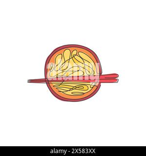 Single continuous line drawing of stylized hot spicy noodles logo label. Emblem fast food restaurant concept. Modern one line draw design vector illus Stock Vector
