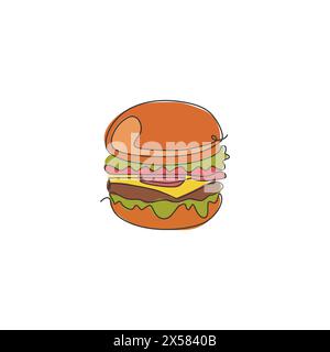 Single continuous line drawing American burger logo label. Emblem fast food sandwich restaurant concept. Modern one line draw design graphic vector il Stock Vector