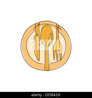 One single line drawing of plate knife, fork and knife for restaurant logo vector illustration graphic. Luxury cafe badge concept. Modern continuous l Stock Vector