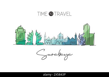 One continuous line drawing of Surabaya city skyline, Indonesia. Beautiful city landmark. World landscape tourism travel vacation. Editable stylish si Stock Vector