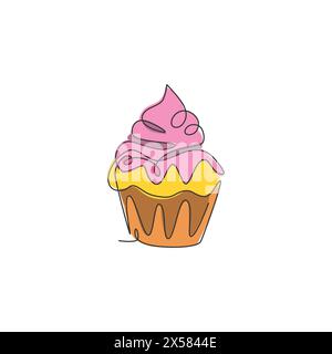 One single line drawing of fresh sweet muffin cake online shop logo vector illustration. Delicious pastry shop menu and restaurant badge concept. Mode Stock Vector