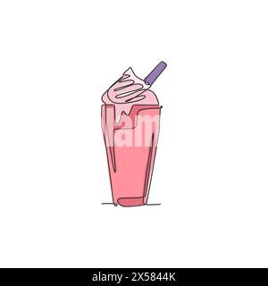 One single line drawing of fresh milkshake with whipped cream and wafer stick logo vector illustration. Cafe drink menu restaurant badge concept. Mode Stock Vector