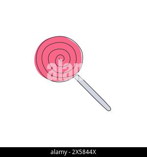 Single continuous line drawing of stylized spiral lollipop candy shop logo label. Emblem sweet confectionery store concept. Modern one line draw desig Stock Vector