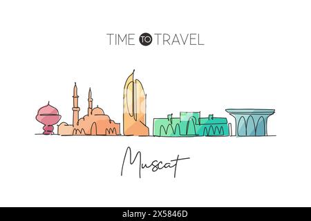 One single line drawing of Muscat city skyline, Oman. Historical town landscape in the world. Best holiday destination. Editable stroke trendy continu Stock Vector