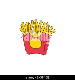 One continuous line drawing of fresh delicious American french fries restaurant logo emblem. Fast food cafe shop logotype template concept. Modern sin Stock Vector