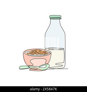 One continuous line drawing fresh delicious bowl of cereal breakfast and a bottle of milk. Healthy breakfast template concept. Modern single line draw Stock Vector