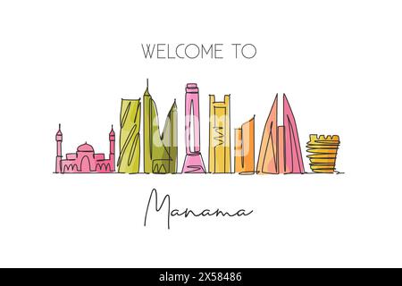 One continuous line drawing Manama city skyline Bahrain. Beautiful landmark postcard print. World landscape tourism travel vacation. Editable stylish Stock Vector