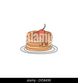 One continuous line drawing of fresh delicious American pancake with cherry restaurant logo emblem. Breakfast cafe shop logotype template concept. Mod Stock Vector