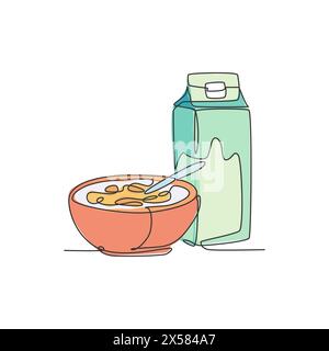 One continuous line drawing of fresh delicious cereal breakfast and milk with gable top carton box. Healthy natural food. Modern single line draw desi Stock Vector