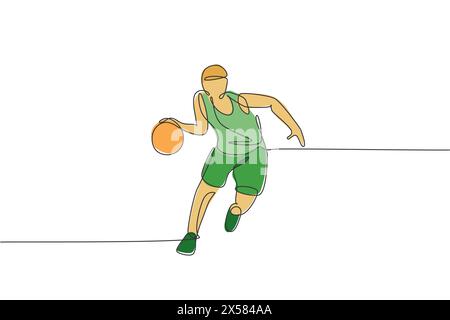 Single continuous line drawing of young agile basketball player dribbling the ball. Competitive sport concept. Trendy one line draw design vector illu Stock Vector