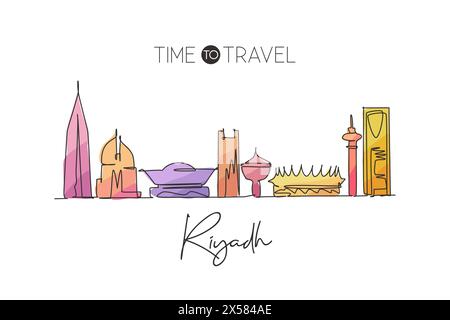 Single continuous line drawing of Riyadh skyline, Saudi Arabia. Famous city scraper landscape. World travel concept wall decor home art poster print. Stock Vector