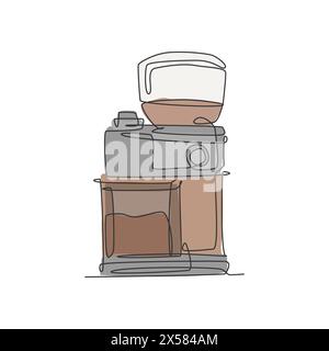 One single line drawing of modern electric coffee beans grinder machine logo vector illustration. Coffee shop and restaurant badge concept. Modern con Stock Vector