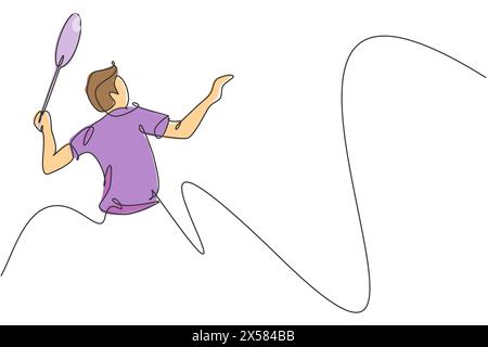 One continuous line drawing of young male badminton player hit shuttlecock with racket. Competitive sport concept. Dynamic single line draw design vec Stock Vector