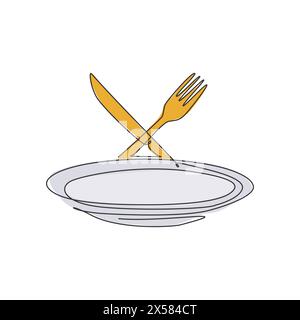 Single continuous line drawing of stylized empty plate fork and knife logo label. Luxury restaurant emblem art concept. Modern one line draw design ve Stock Vector
