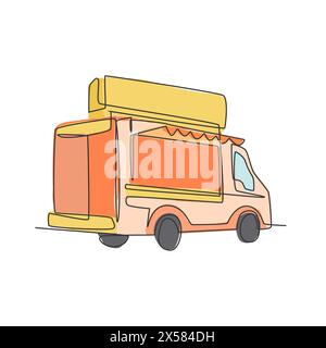 One single line drawing of vintage food truck for festival logo vector illustration. Mobile fast food cafe menu and restaurant badge concept. Modern c Stock Vector