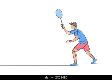 Single continuous line drawing of young agile badminton player wait for opponent serve. Competitive sport concept. Trendy one line draw design vector Stock Vector