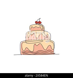 One continuous line drawing of fresh delicious stacked birthday cake with strawberry fruit topping. Pastry confectionery concept. Modern single line d Stock Vector