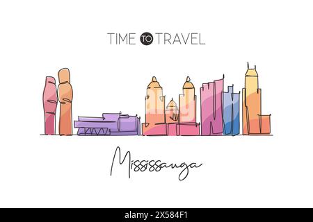 One continuous line drawing Mississauga city skyline, Canada. Beautiful landmark postcard. World landscape tourism travel vacation. Editable stylish s Stock Vector