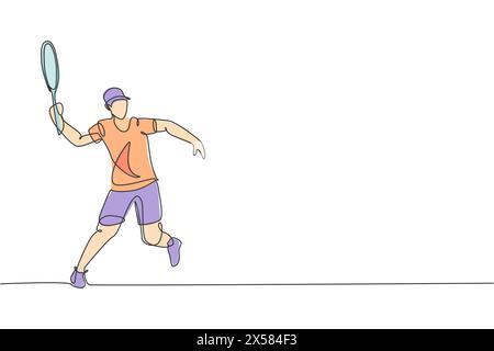 One single line drawing young energetic man tennis player hit the ball graphic vector illustration. Sport training concept. Modern continuous line dra Stock Vector