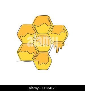 Single continuous line drawing of stylized bee hive with sweet honey drip from honeycomb. Natural healthy food concept. Modern one line draw design ve Stock Vector